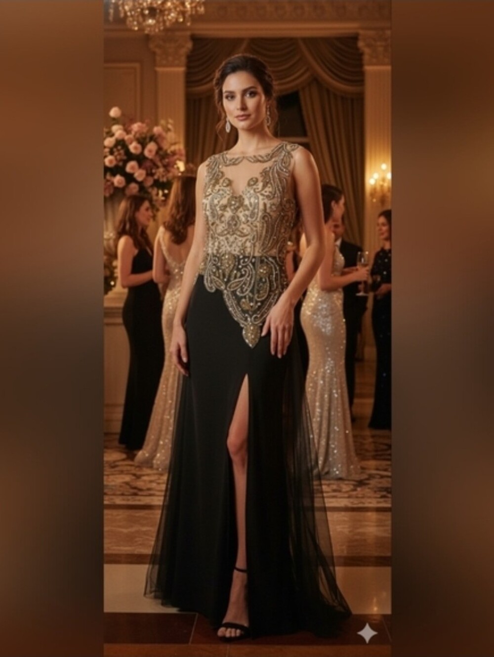 NWT Size M Spy Zone Exchange Black & Gold Embellished Open Back Evening Gown